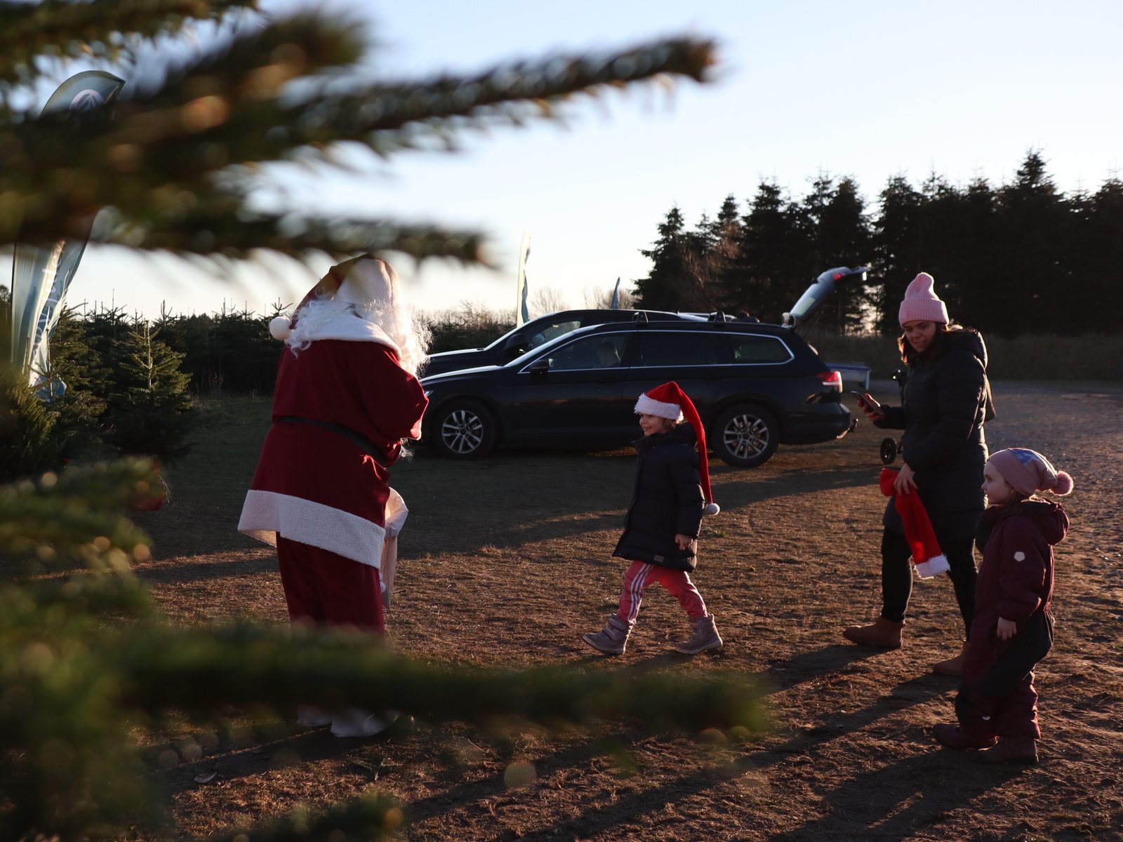 Børn og julemanden på grusvejen mellem juletræerne ved Hørslevstien